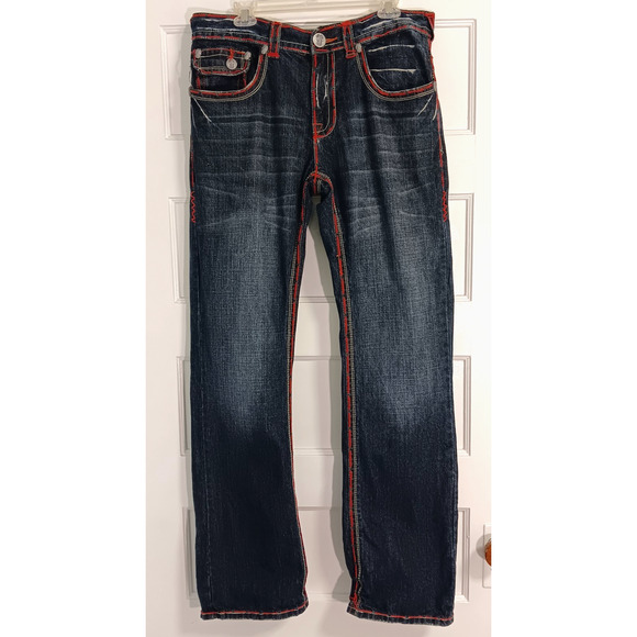 Vintage Y2K Bootcut Jeans 36 x 34 Skull Thick Stitch Embroidered Fading Whiskers - Picture 2 of 14